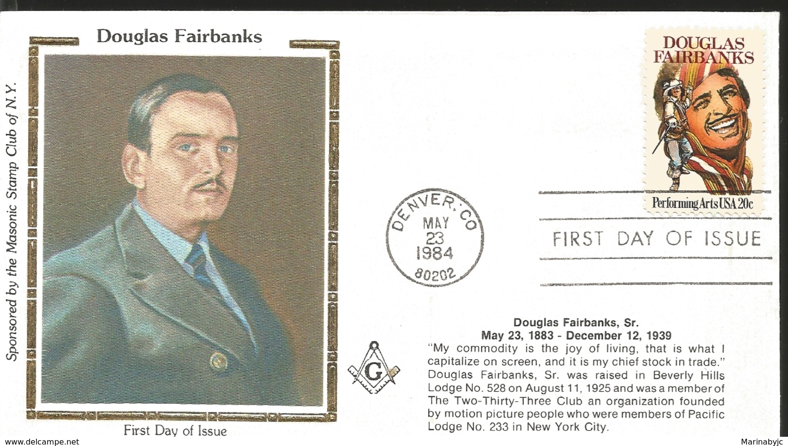 J) 1984 UNITED STATES, DOUGLAS FAIRBANKS, MASONIC GRAND LODGE, FDC - Otros & Sin Clasificación