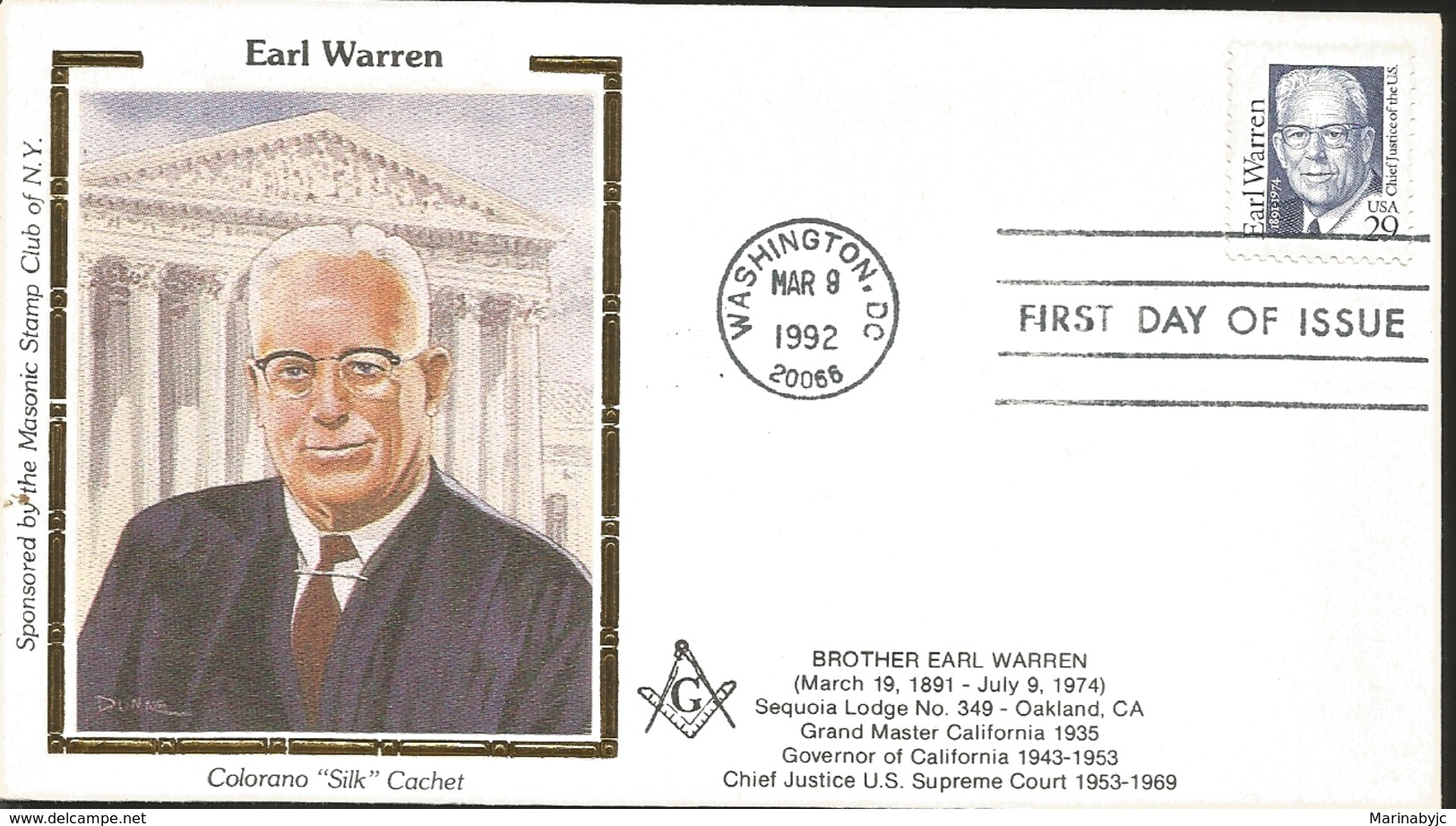 J) 1992 UNITED STATES, EARL WARREN, MASONIC GRAND LODGE, FDC - Andere & Zonder Classificatie