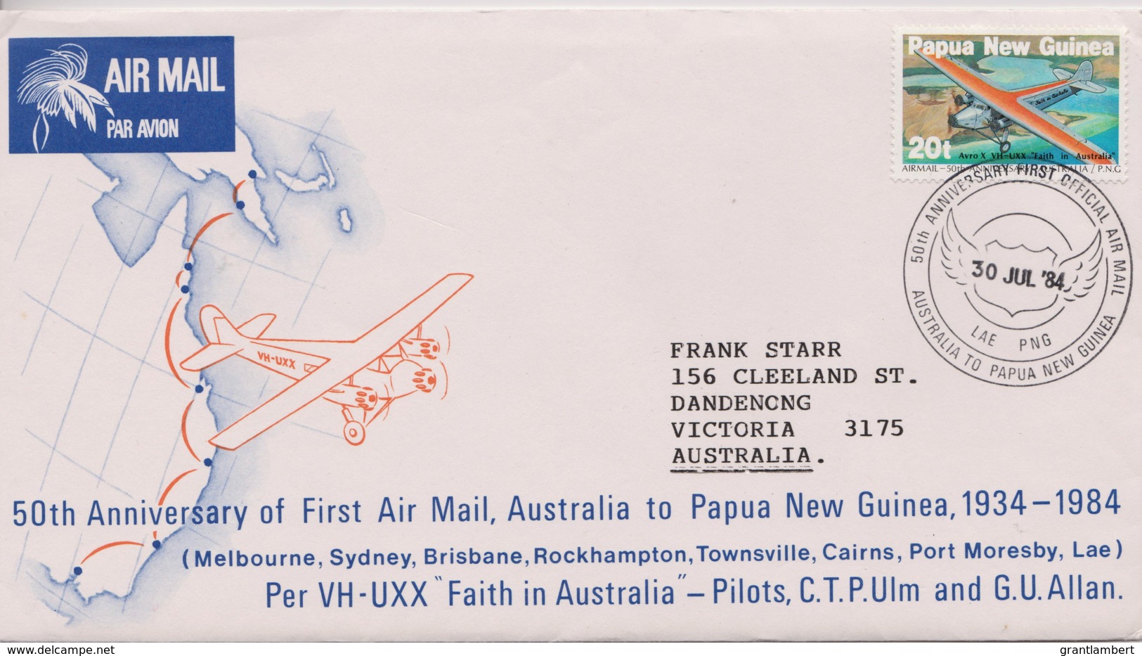 Papua New Guinea 1984 First Australia - PNG Flight, 50th Anniversary Cover - Papua-Neuguinea