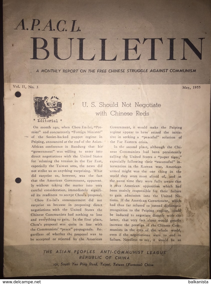 A.P.A.C.L. Bulletin May 1955 Vol II No:3 The Asian Peoples Anti-Communist League - Kultur