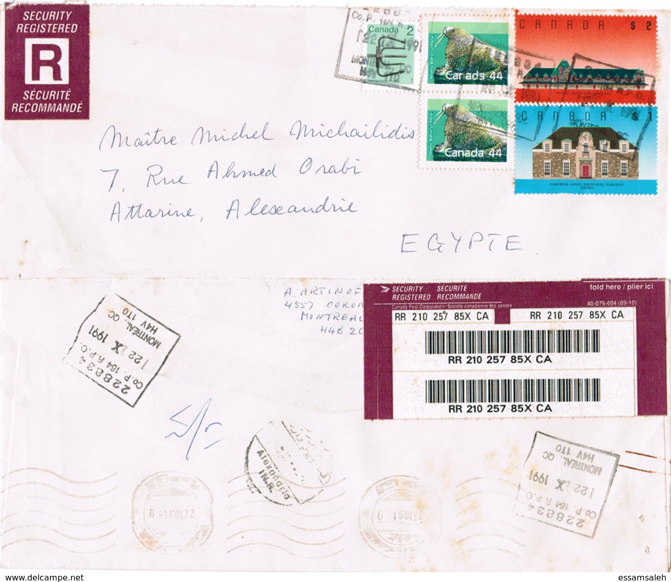 CAS14653 Canada 1991 Registered Cover Franking Combination 5.88$ - Addressed Egypt - Covers & Documents