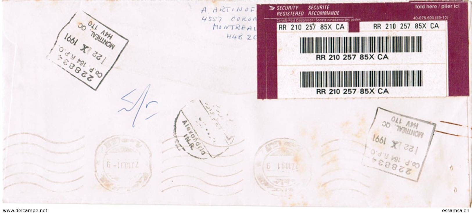 CAS14653 Canada 1991 Registered Cover Franking Combination 5.88$ - Addressed Egypt - Covers & Documents