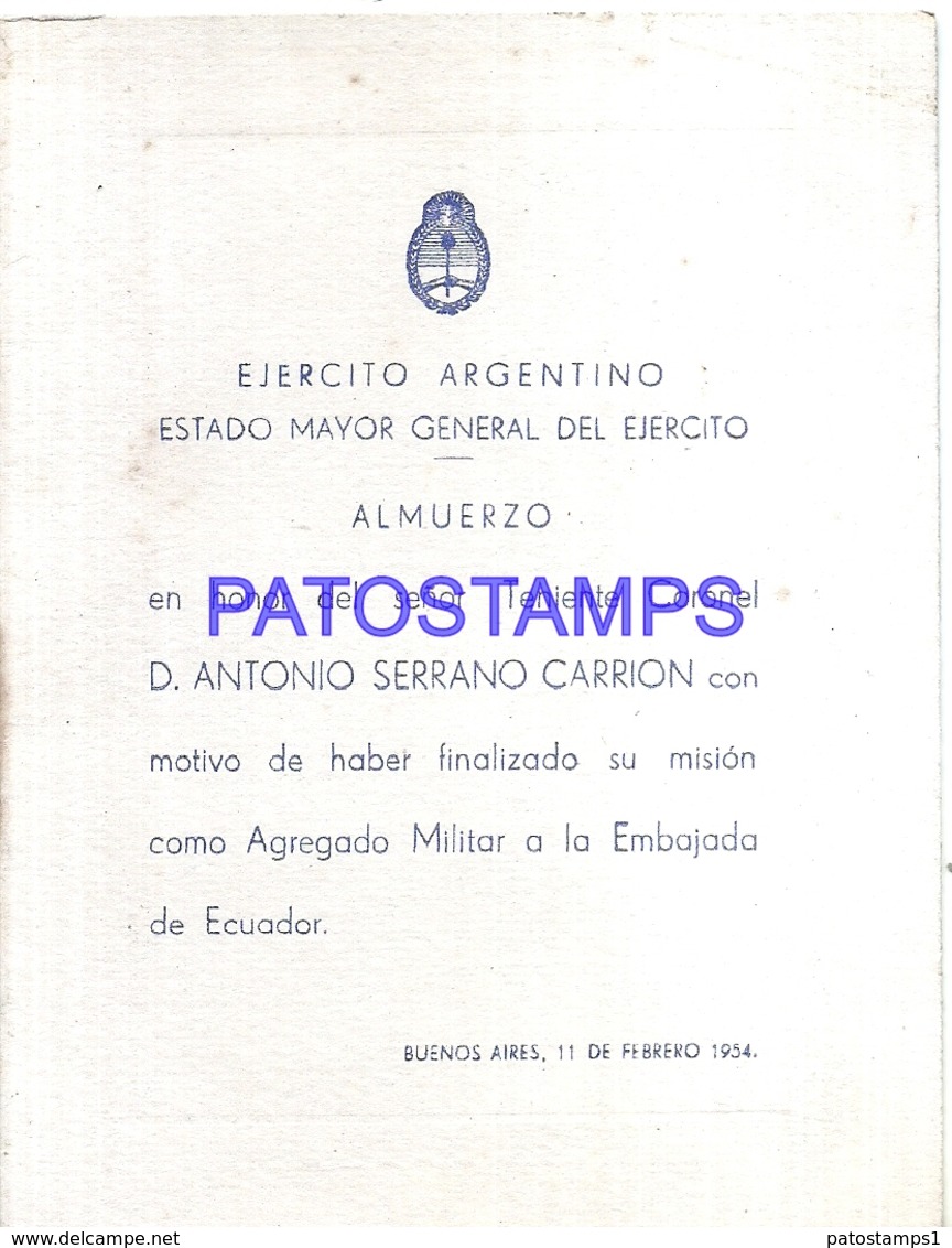 117178 ARGENTINA BUENOS AIRES EJERCITO CORONEL D. ANTONIO SERRANO CARRION AÑO 1954 MENU NO POSTAL POSTCARD - Sonstige & Ohne Zuordnung