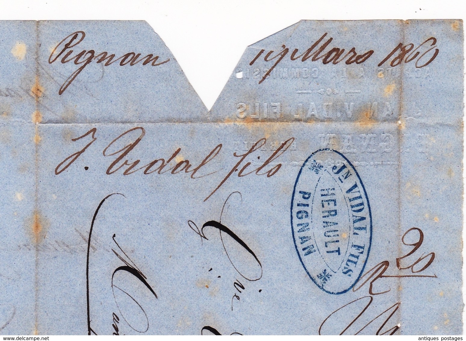 Lettre 1860 Pignan Hérault Vidal Fils Montpellier Timbre Taxe 10 Centimes