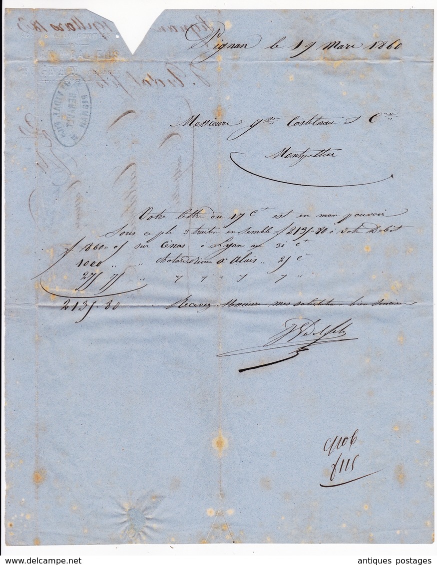 Lettre 1860 Pignan Hérault Vidal Fils Montpellier Timbre Taxe 10 Centimes