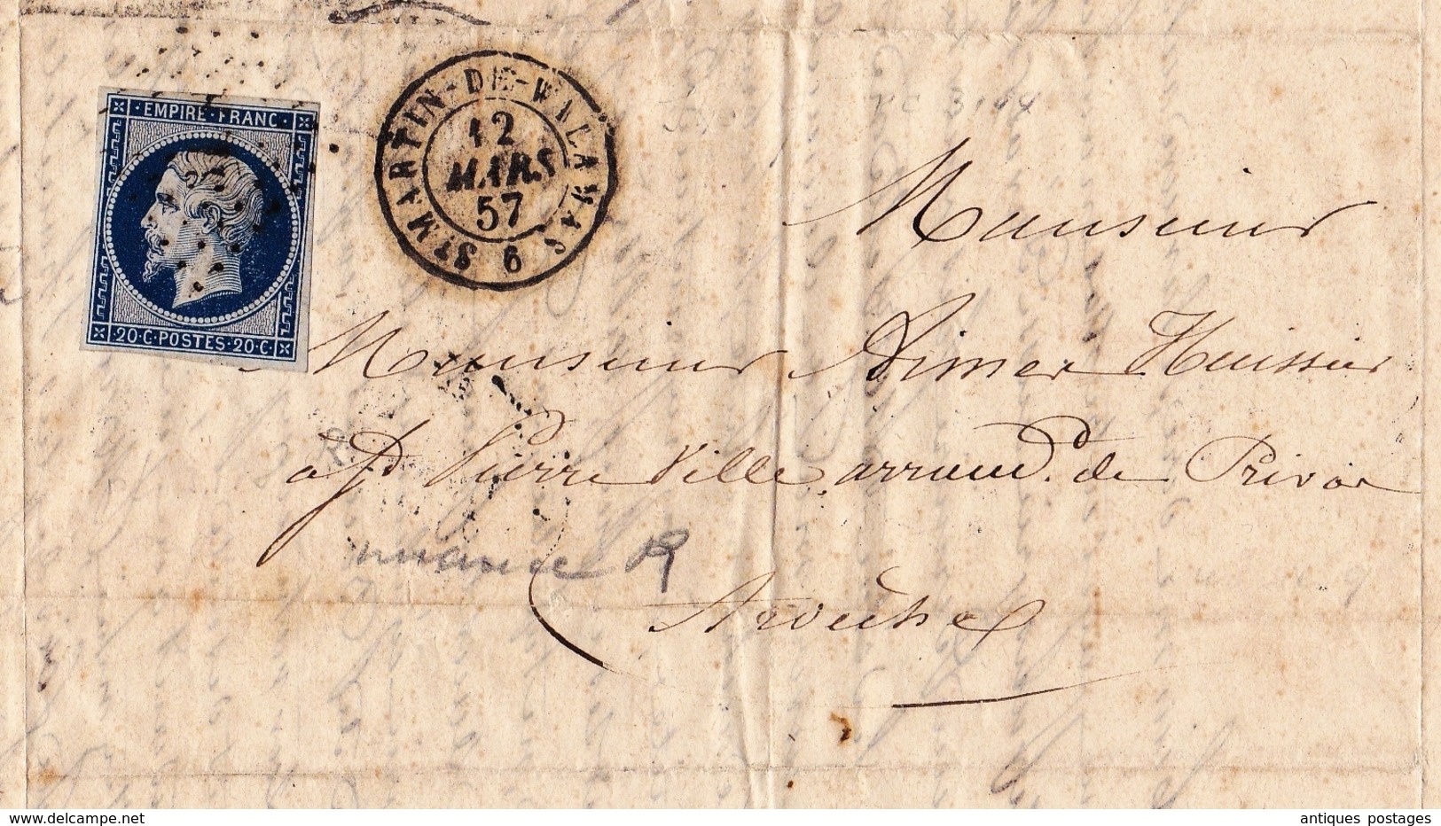 Lettre 1857 Saint Martin De Valamas Ardèche Lachapelle Timbre Napoléon III 20 Centimes - 1853-1860 Napoléon III