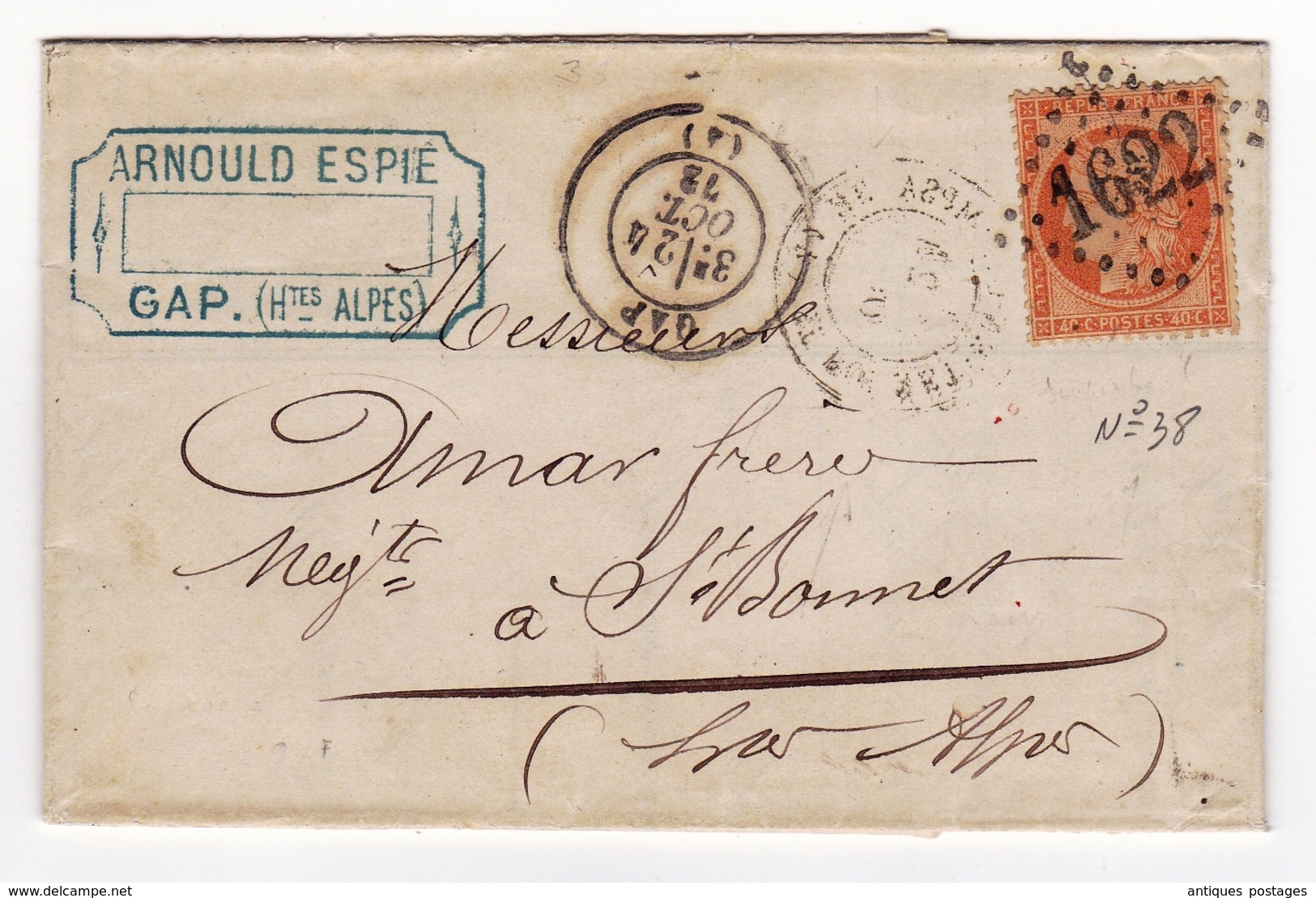 Lettre 1872 Gap Hautes Alpes Arnould Espié Saint-Bonnet En Champsaur Timbre Cérès 40 Centimes - 1871-1875 Ceres