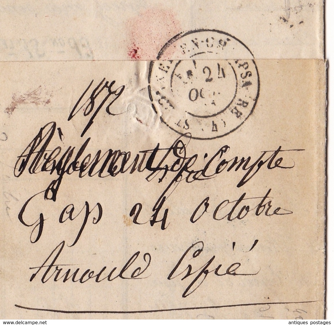 Lettre 1872 Gap Hautes Alpes Arnould Espié Saint-Bonnet en Champsaur Timbre Cérès 40 Centimes