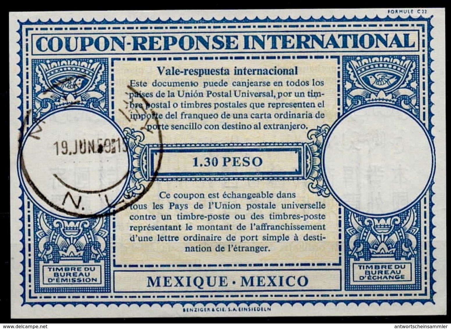 MEXICO / MEXIQUE Lo16n  1.30 PESO International Reply Coupon Reponse Antwortschein IAS IRC O MONTERREY  19.6.59 - Mexiko