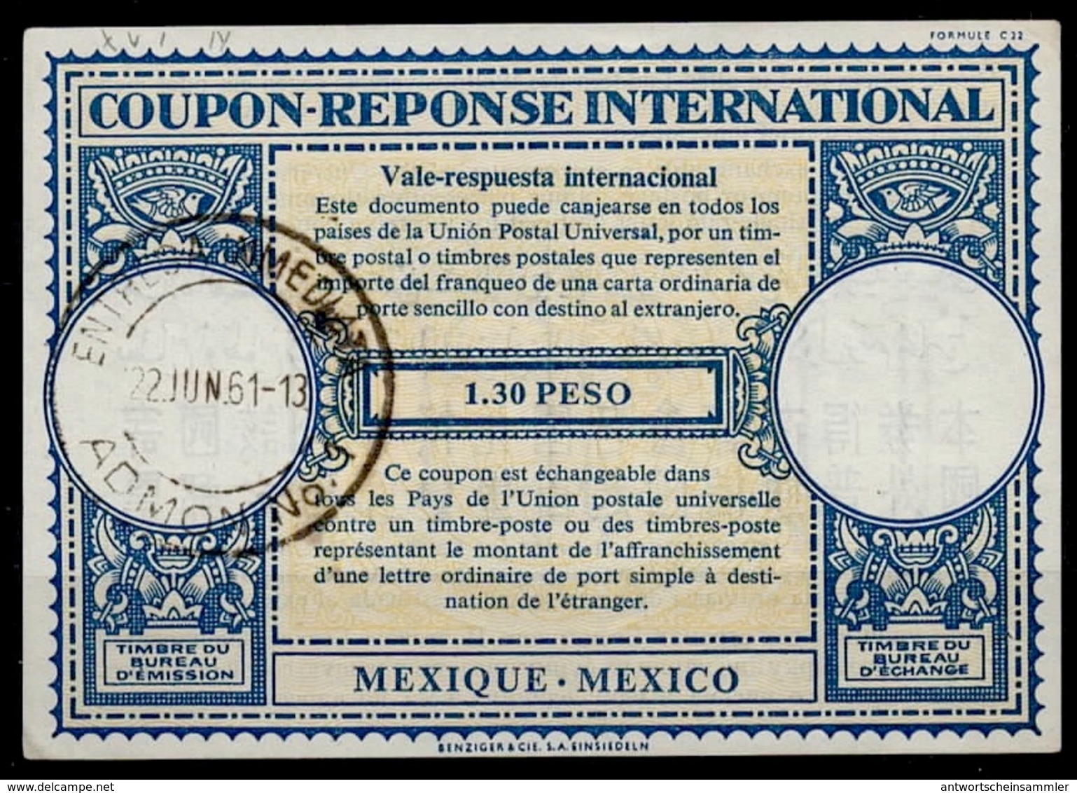 MEXICO / MEXIQUE Lo16n  1.30 PESO International Reply Coupon Reponse Antwortschein IAS IRC O ENTREGA INMEDIATA 22.6.61 - Mexique