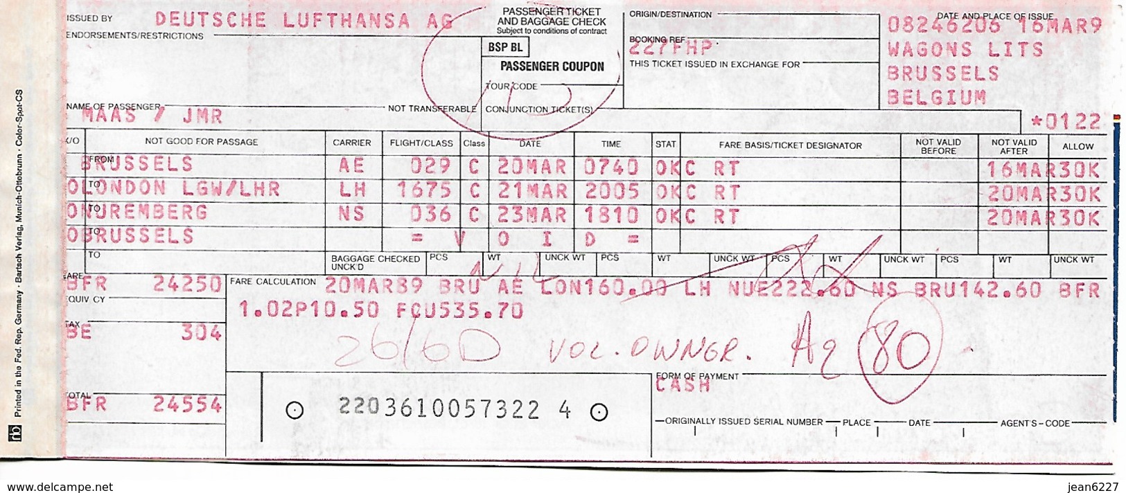 Billet D'avion LUFTHANSA  Bruxelles - London - Nuremberg - Bruxelles - Tickets