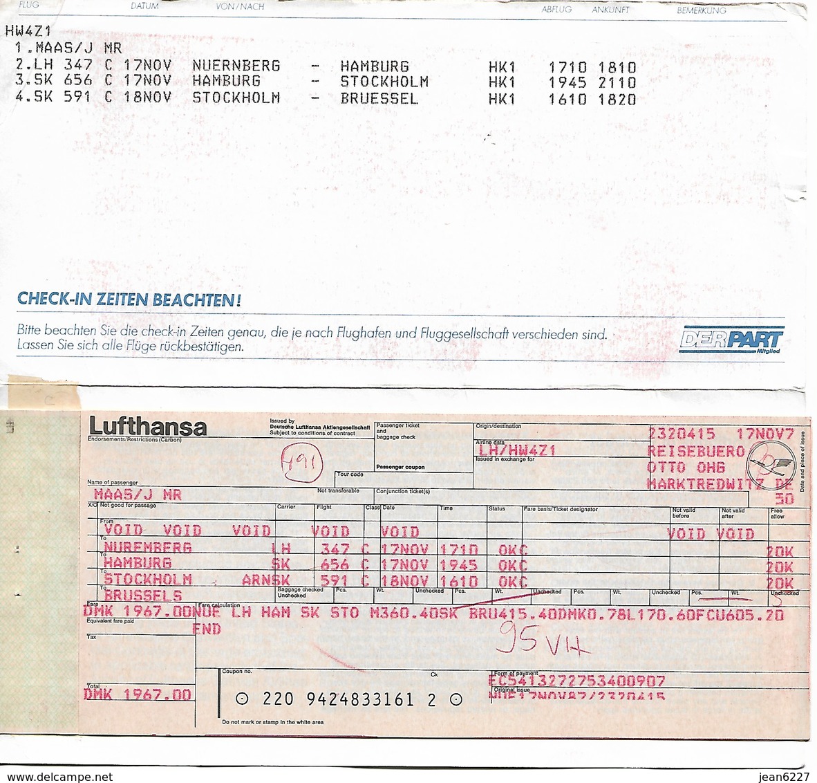 Billet D'avion LUFTHANSA  Nuremberg - Hamburg - Stockholm Bruxelles Et  SAS Hamburg - Copenhagen - Stockholm - Tickets