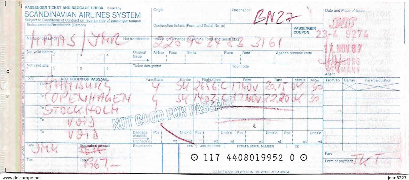 Billet D'avion LUFTHANSA  Nuremberg - Hamburg - Stockholm Bruxelles Et  SAS Hamburg - Copenhagen - Stockholm - Tickets