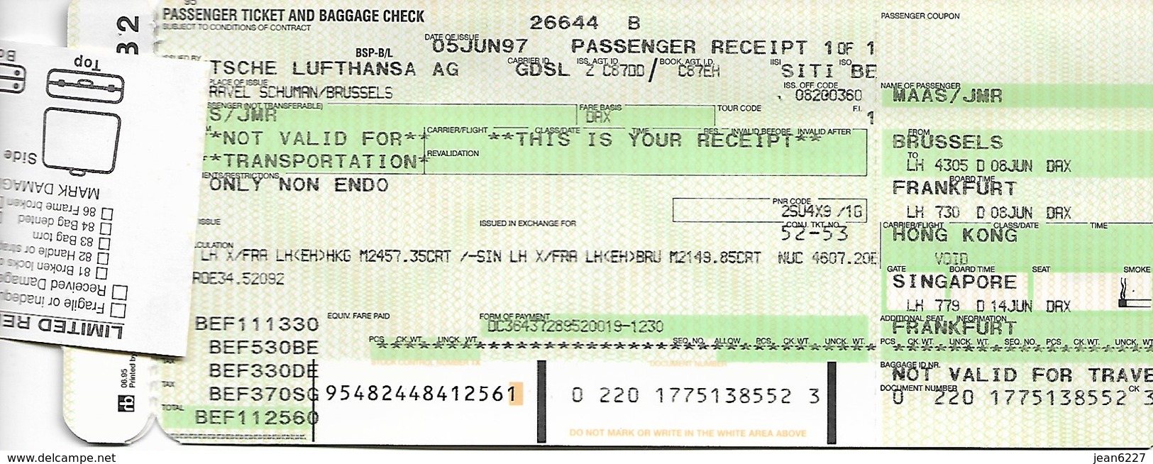 Billet D'avion LUFTHANSA  Bruxelles - Frankfurt - Hong Kong - Singapore - Frankfurt - Bruxelles (2 Tickets) - Billetes