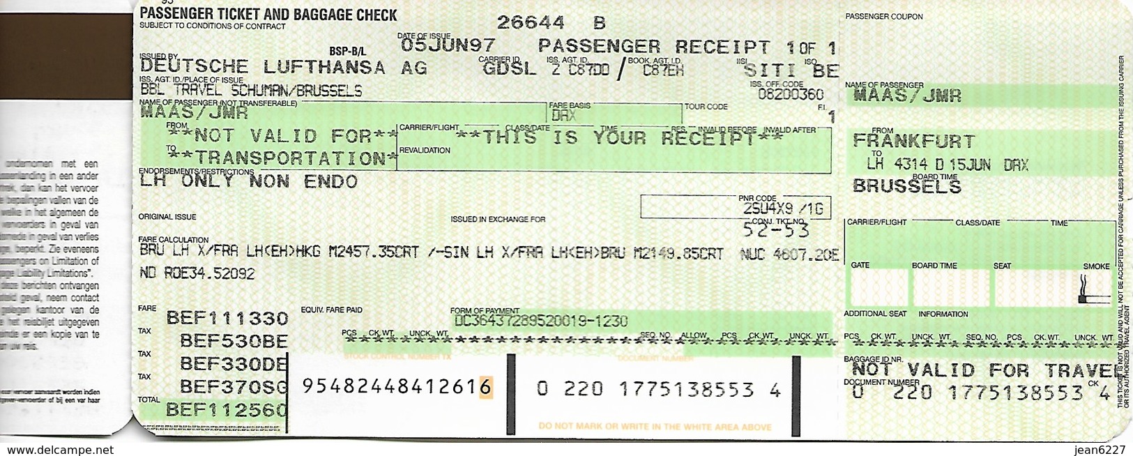 Billet D'avion LUFTHANSA  Bruxelles - Frankfurt - Hong Kong - Singapore - Frankfurt - Bruxelles (2 Tickets) - Biglietti