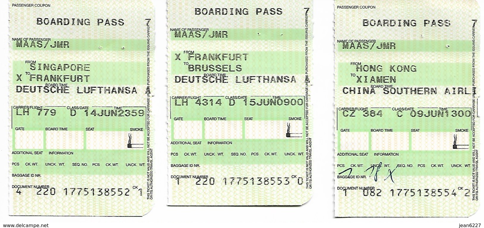 Billet D'avion LUFTHANSA  Bruxelles - Frankfurt - Hong Kong - Singapore - Frankfurt - Bruxelles (2 Tickets) - Biglietti