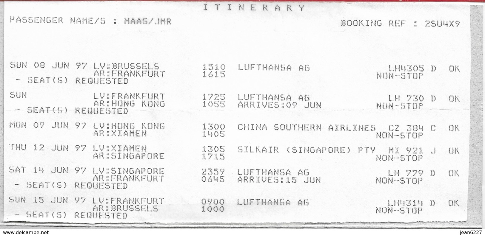 Billet D'avion LUFTHANSA  Bruxelles - Frankfurt - Hong Kong - Singapore - Frankfurt - Bruxelles (2 Tickets) - Tickets