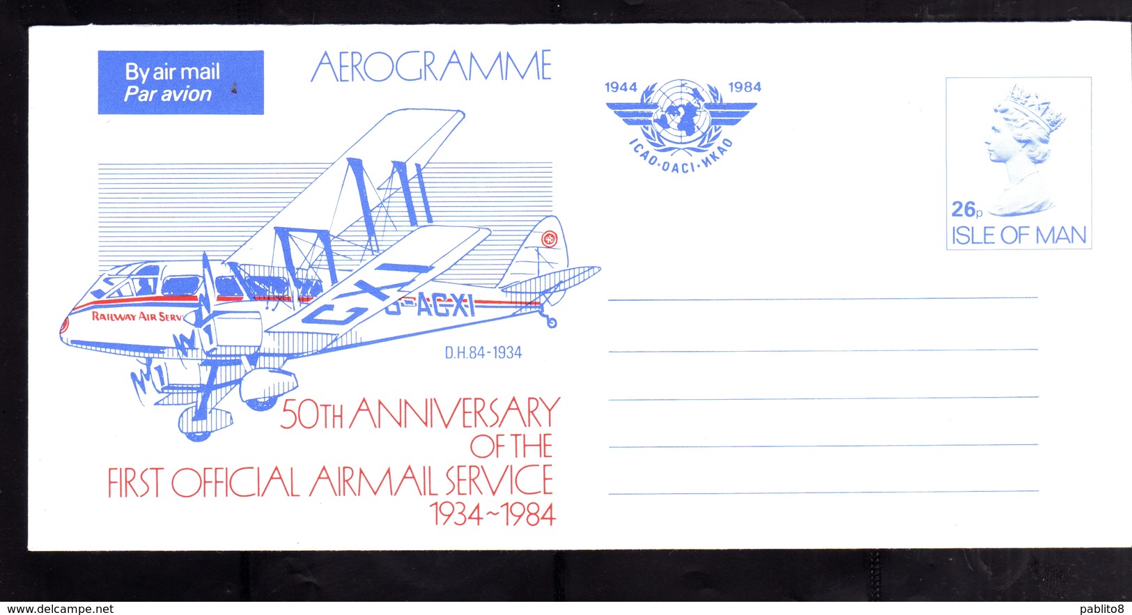 ISLE OF MAN ISOLA 1934 1984 FIRST OFFICIAL AIRMAIL SERVICE AEROGRAM AEROGRAMME AIR LETTER AEROGRAMMA 26p UNUSED NUOVO - Isola Di Man