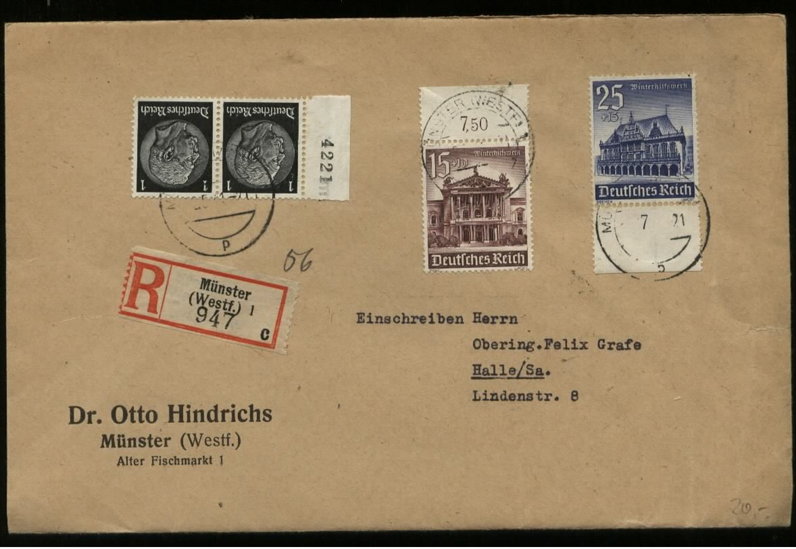 S6257 - DR 15 Pfg WHW Oberrand MiF Auf R - Briefumschlag: Gebraucht Münster - Halle Saale 1941, Bedarfserhaltung , Ver - Lettres & Documents