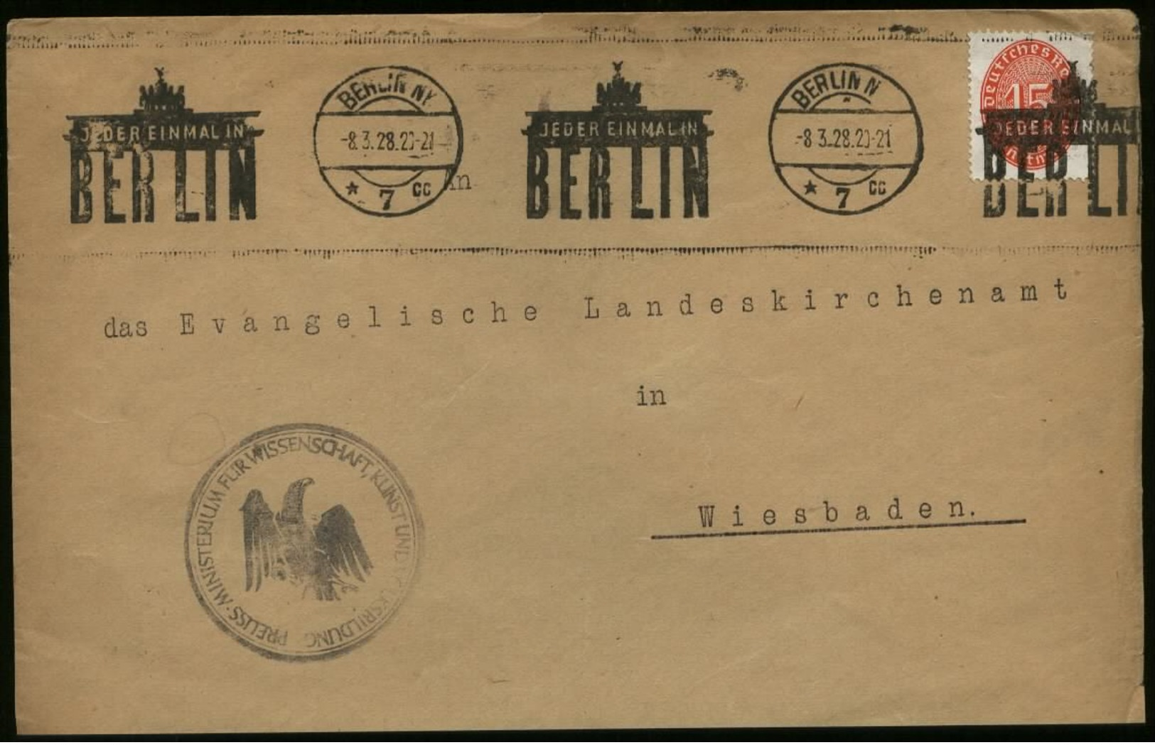 S6634 - DR Dienstpost EF Auf Briefumschlag: Gebraucht Mit Werbestempel Brandenburger Tor Berlin - Wiesbaden 1928 , Bed - Covers & Documents