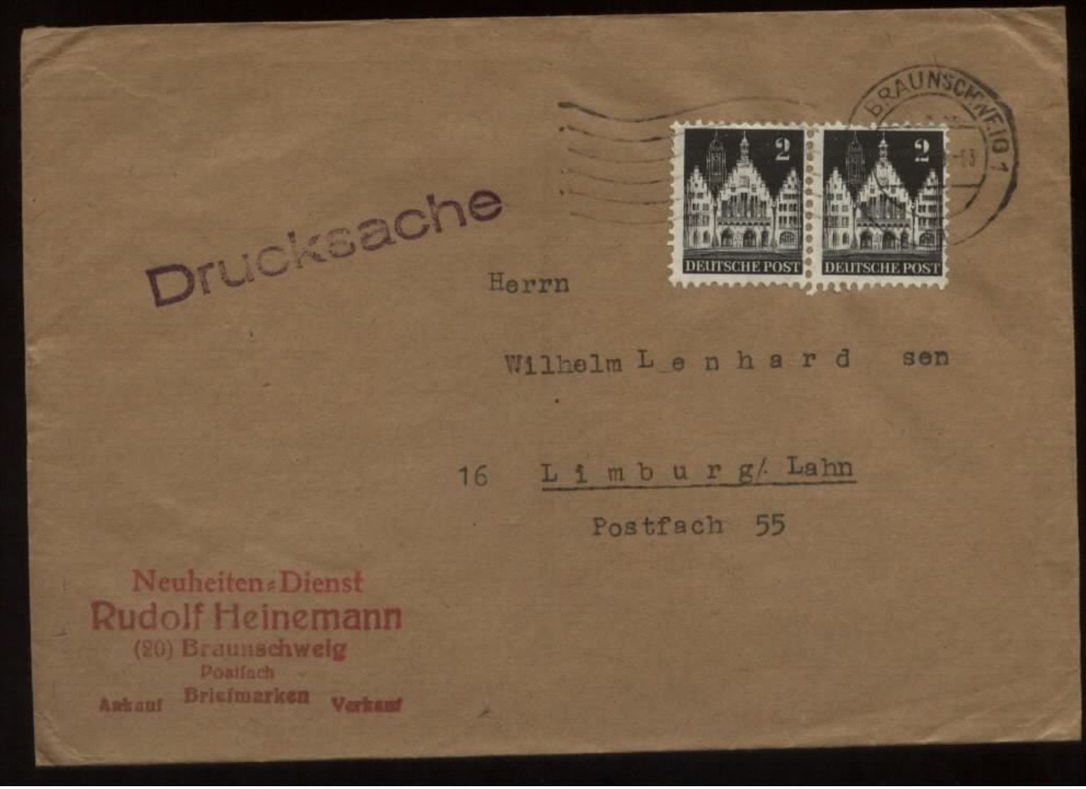 S2149 BRD 2 Pfg Bauten Paar MeF, Briefumschlag Gebraucht Braunschweig - Limburg 1949, Bedarfserhaltung. - Covers & Documents