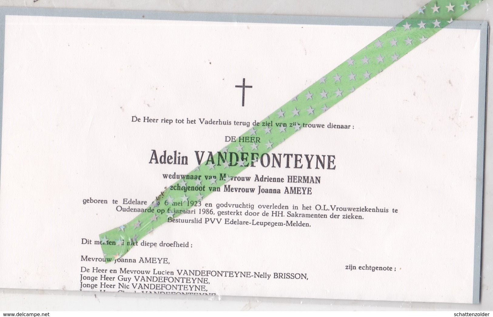 Overlijdensbrief Adelin Vandefonteyne-Herman-Ameye, Geboren Edelare 1923, Overleden Oudenaarde 1986, Bestuurslid PVV - Décès