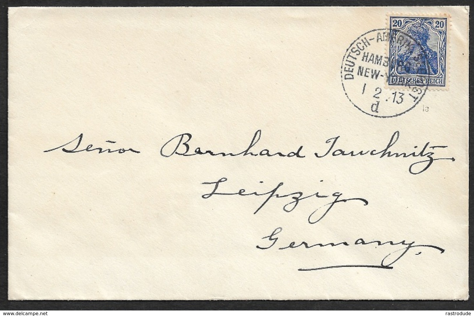 1913 - 20Pfg Germania - SEEPOST - DEUTSCH AMERIKANISCHE SEEPOST - HAMBURG NEW YORK Nach Leipzig. Pracht - Lettres & Documents