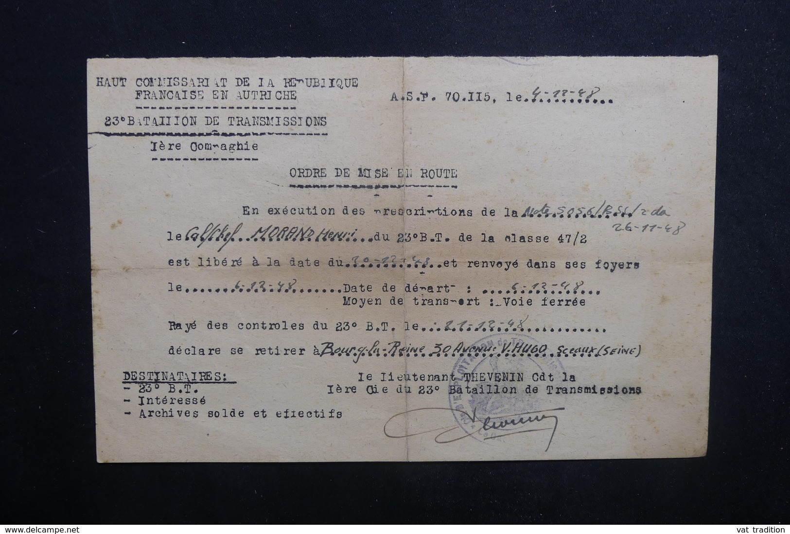 MILITARIA - Ordre De Mise En Route Du Haut Commissariat De La République Française En Autriche En 1948 - L 37573 - Documents