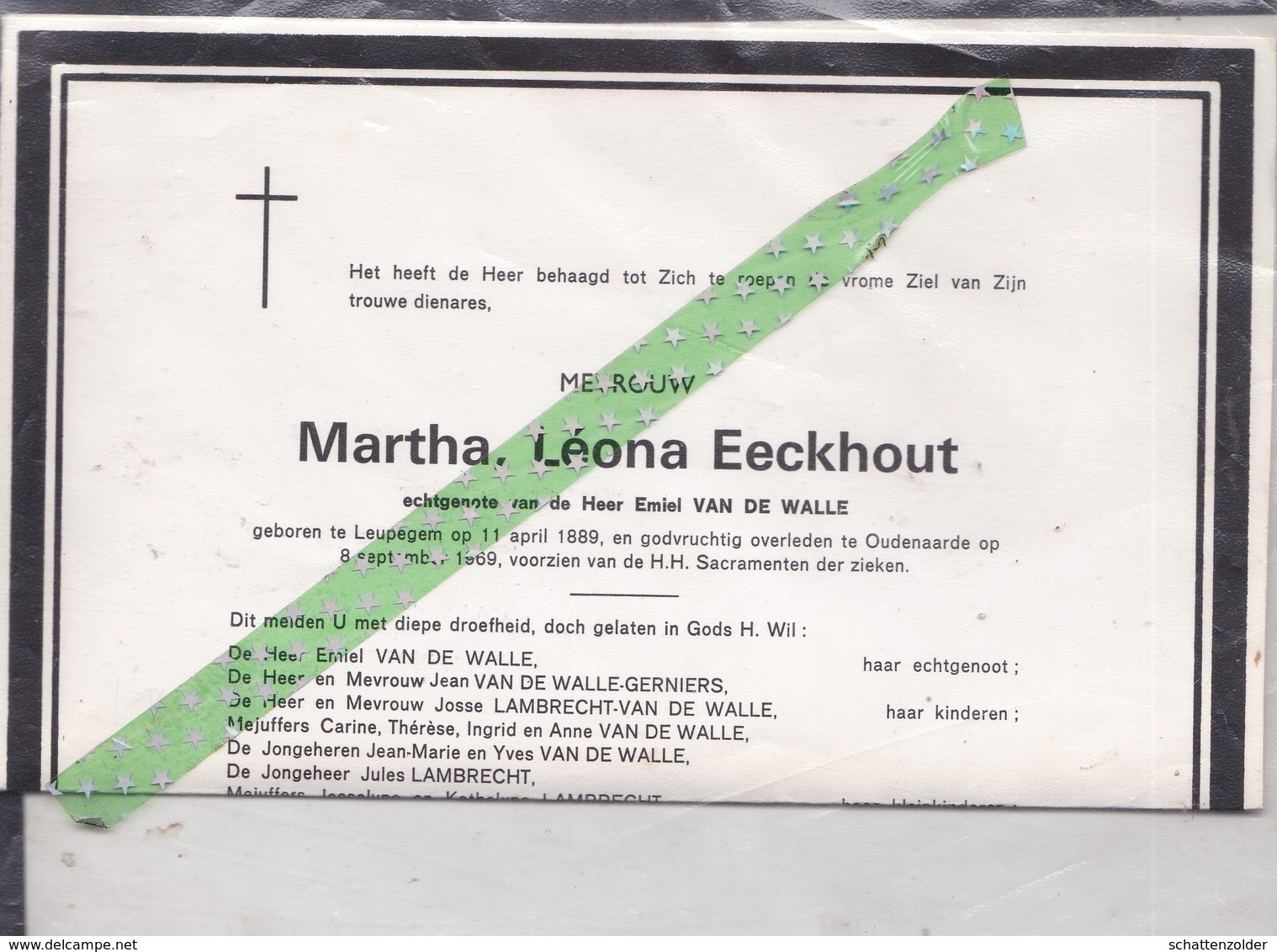 Overlijdensbrief Martha Léona Eeckhout-Van De Walle, Geboren Leupegem 1889, Overleden Oudenaarde 1969 - Overlijden