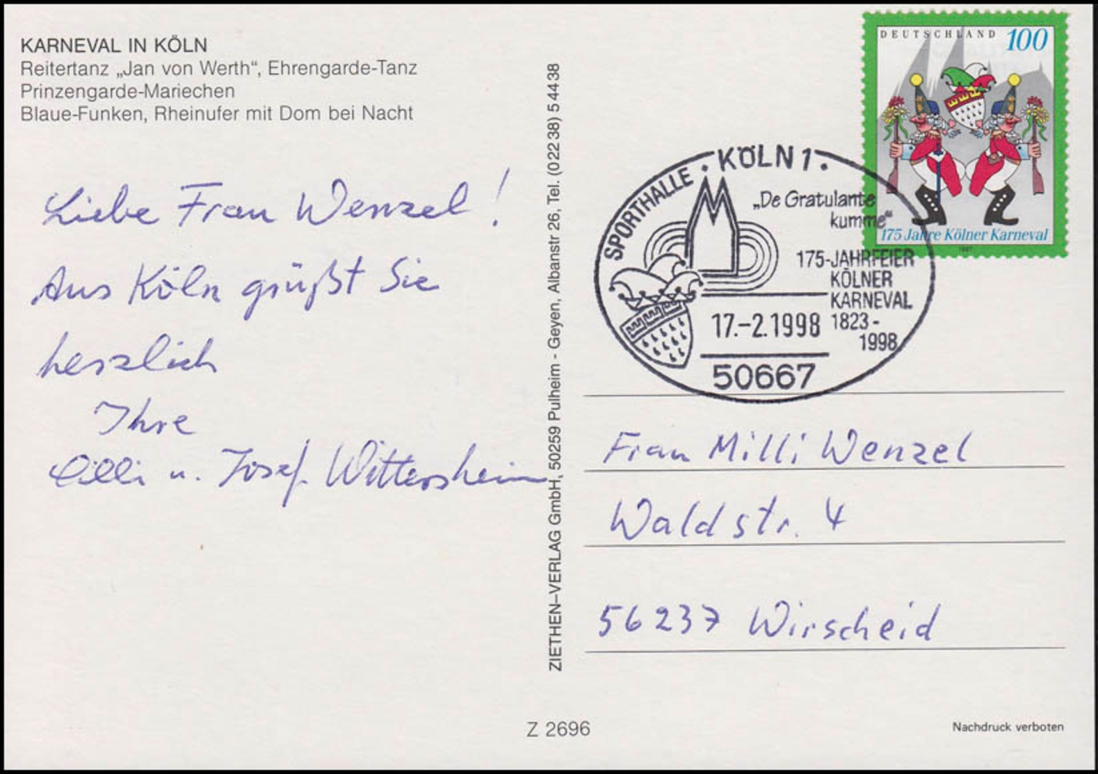 1903 Kölner Karneval, EF AK Köllen Alaaf SSt Köln De Gratulante Kumme 17.2.1998 - Kostüme