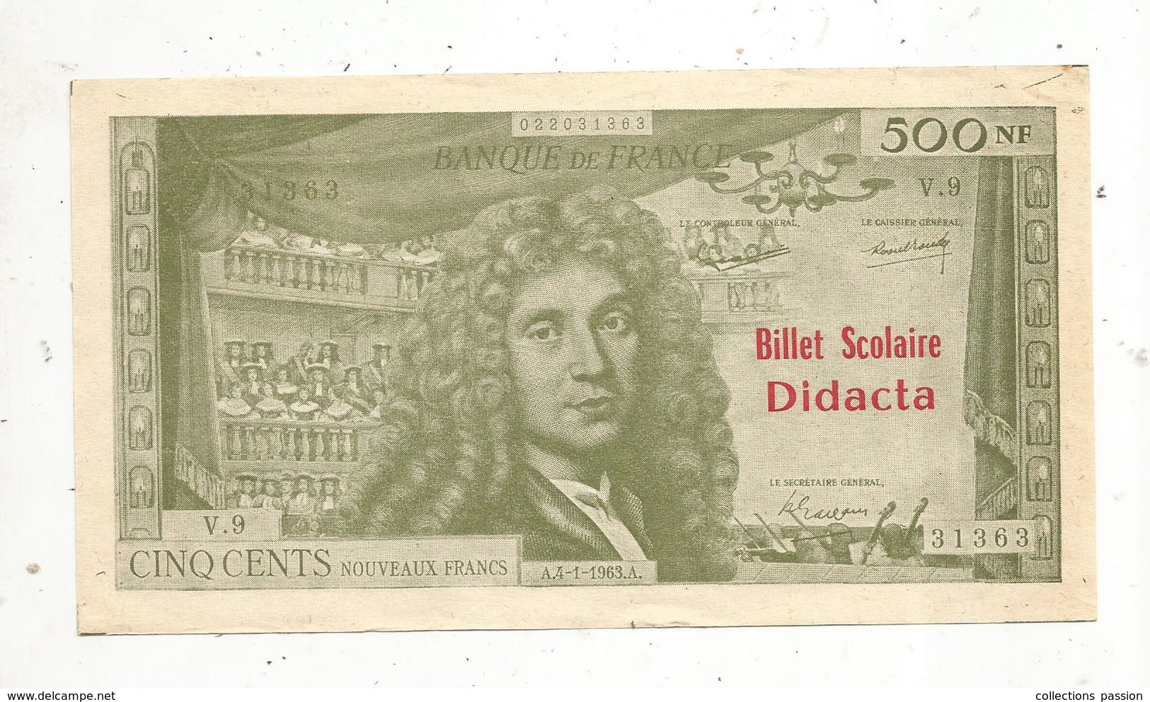 JC , Billet , Fictif , Billet Scolaire DIDACTA ,  500 NF , Nouveaux Francs , 4-1-1963 , MOLIERE , Frais Fr 1.65 E - Fictifs & Spécimens