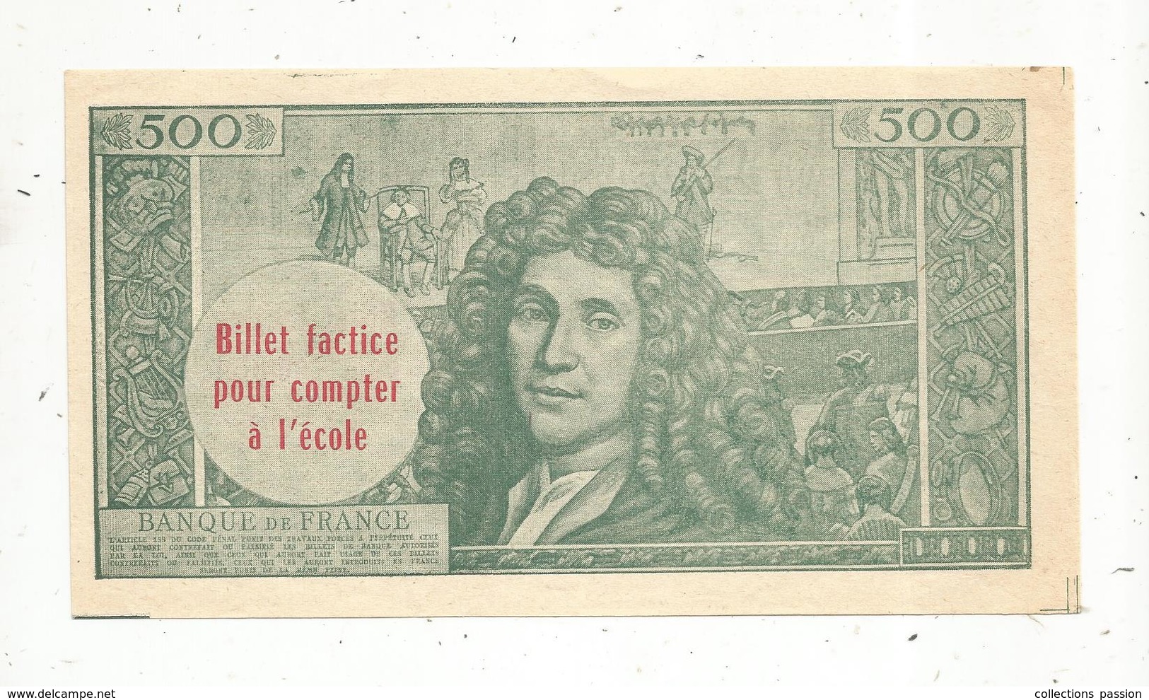 JC , Billet , Fictif , Billet  Factice Pour Compter à L 'école,  500 NF , 4-1-1963 , MOLIERE , Frais Fr 1.65 E - Specimen