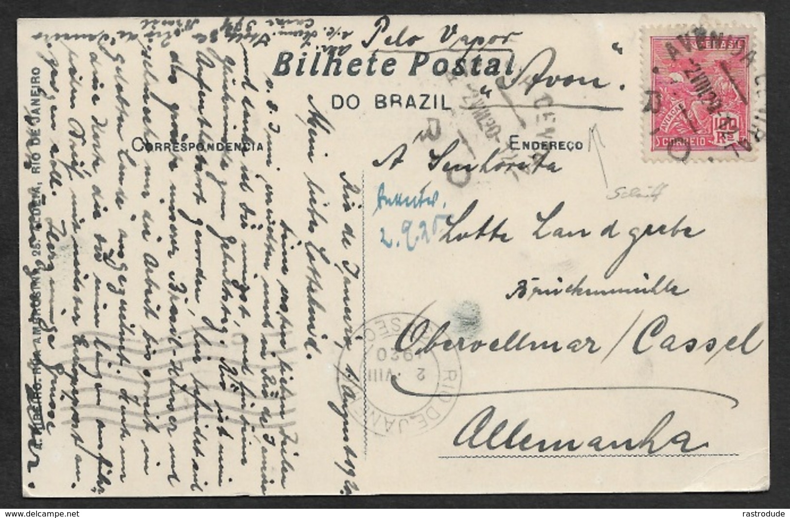 1920 Brazil - Seapost PPC To Germany - Pelo Vapor - Rio De Janeiro - Avenida Central 2 VIII 20 - Storia Postale