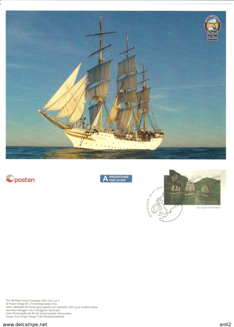 Norway 2011 Tall Ship Races Stavanger, Ship Sørlandet And Wyvern,Cards With Imprinted Stamp - Cartoline Maximum