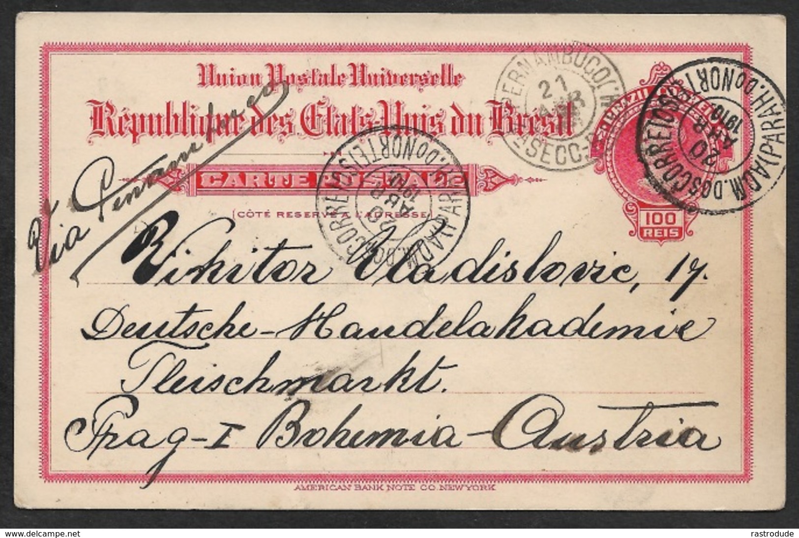 1910 - BRAZIL - 100R Psc - SEAPOST To Prag - Bohemia Austria - Via Penambuco. Cds ADM.dos CORREIOS / PARAH.do NORTE - Brieven En Documenten