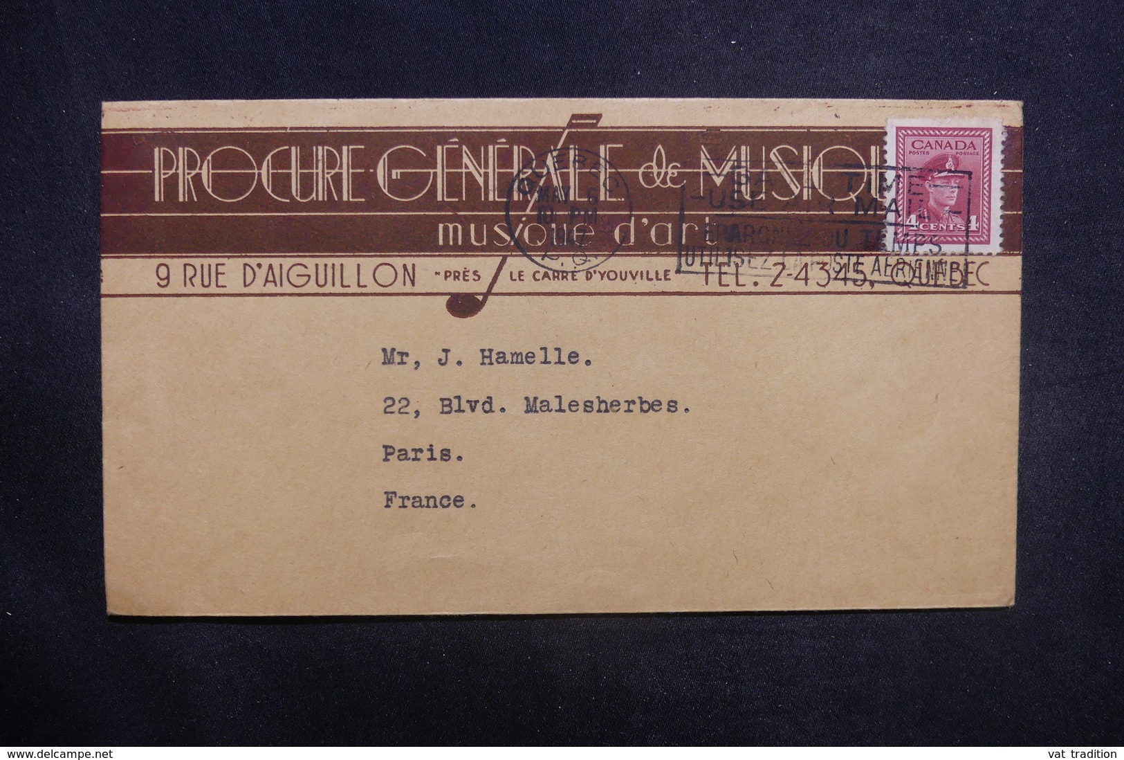 CANADA - Enveloppe Commerciale De Quebec Pour La La France En 1947, Affranchissement Plaisant - L 37624 - Brieven En Documenten