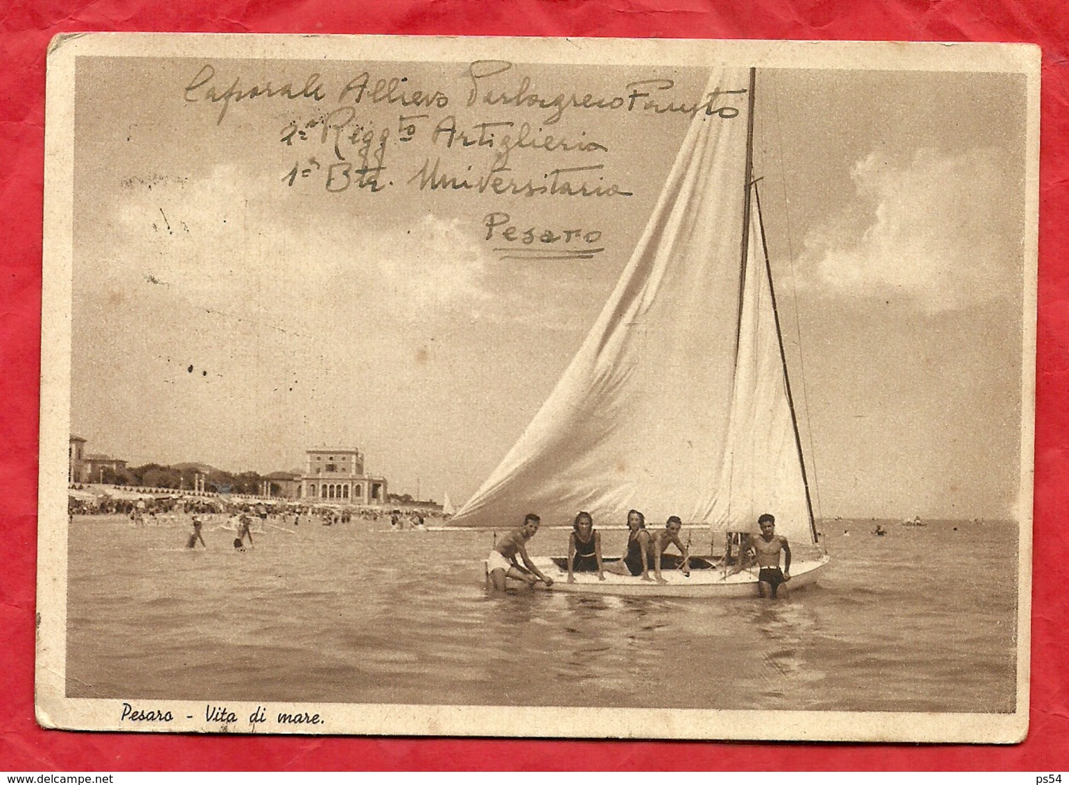 PS54 ---- PESARO, - VITA DI MARE, --- CARTOLINA VIAGGIATA 1943, ------- 2 SCANS - Sassari