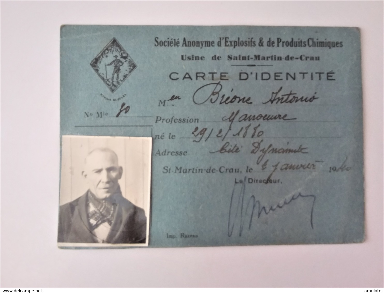 Carte D' Identité Professionnelle SOCIETE ANONYME D'EXPLOSIFS & DE PRODUITS CHIMIQUES - Historical Documents