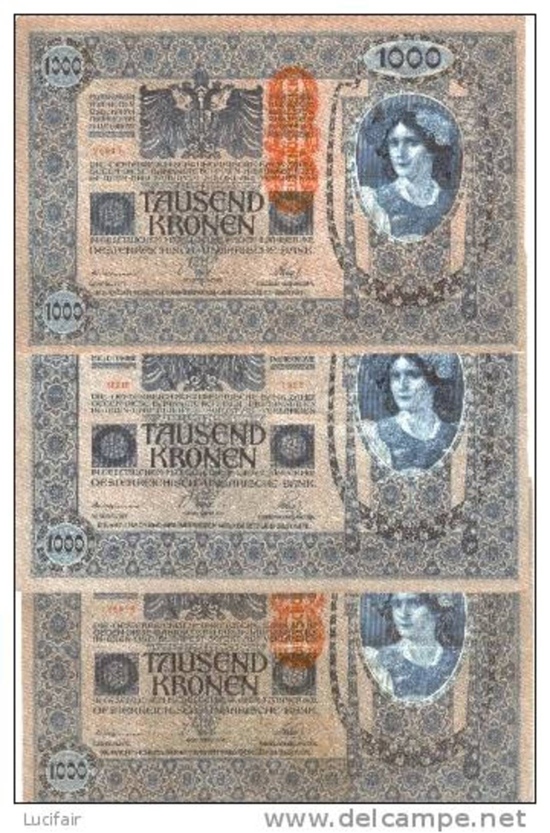3 Oude Oostenrijkse Bankbiljetten Tausend Kronen - Autriche