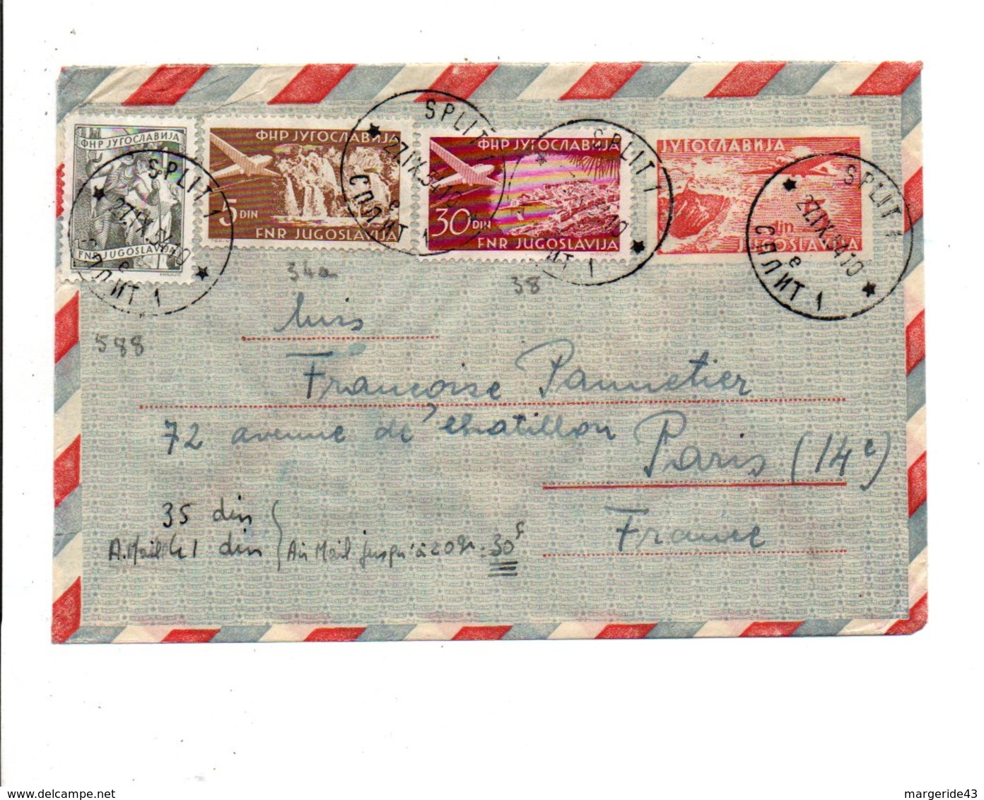 YOUGOSLAVIE AFFRANCHISSEMENT COMPOSE SUR POUR LA FRANCE 1954 - Lettres & Documents