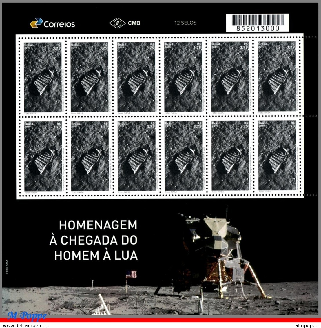 Ref. BR-V2019-13-F BRAZIL 2019 TRIBUTE TO LUNAR LANDING MISSION, SPACE EXPLORATION, MOON, APOLLO 11, SHEET MNH - USA