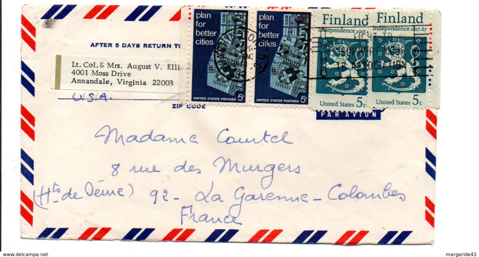 USA AFFRANCHISSEMENT COMPOSE SUR LETTRE POUR LA FRANCE 1968 - Cartas & Documentos