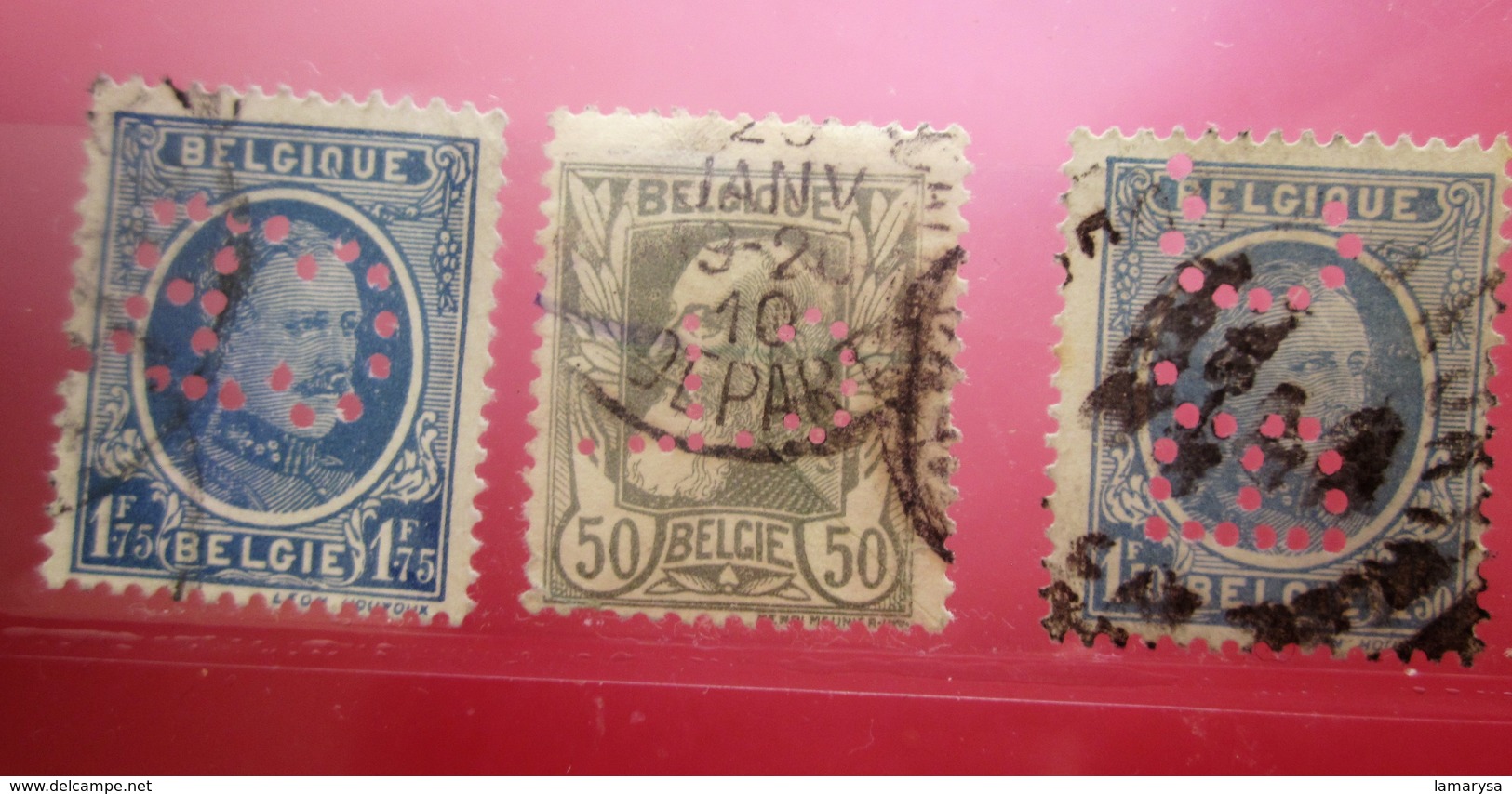 3 Timbres De Belgique-Perforation : -- Perforés Perforé Perforés Perfin Perfins Perforated Stamp - 1909-34