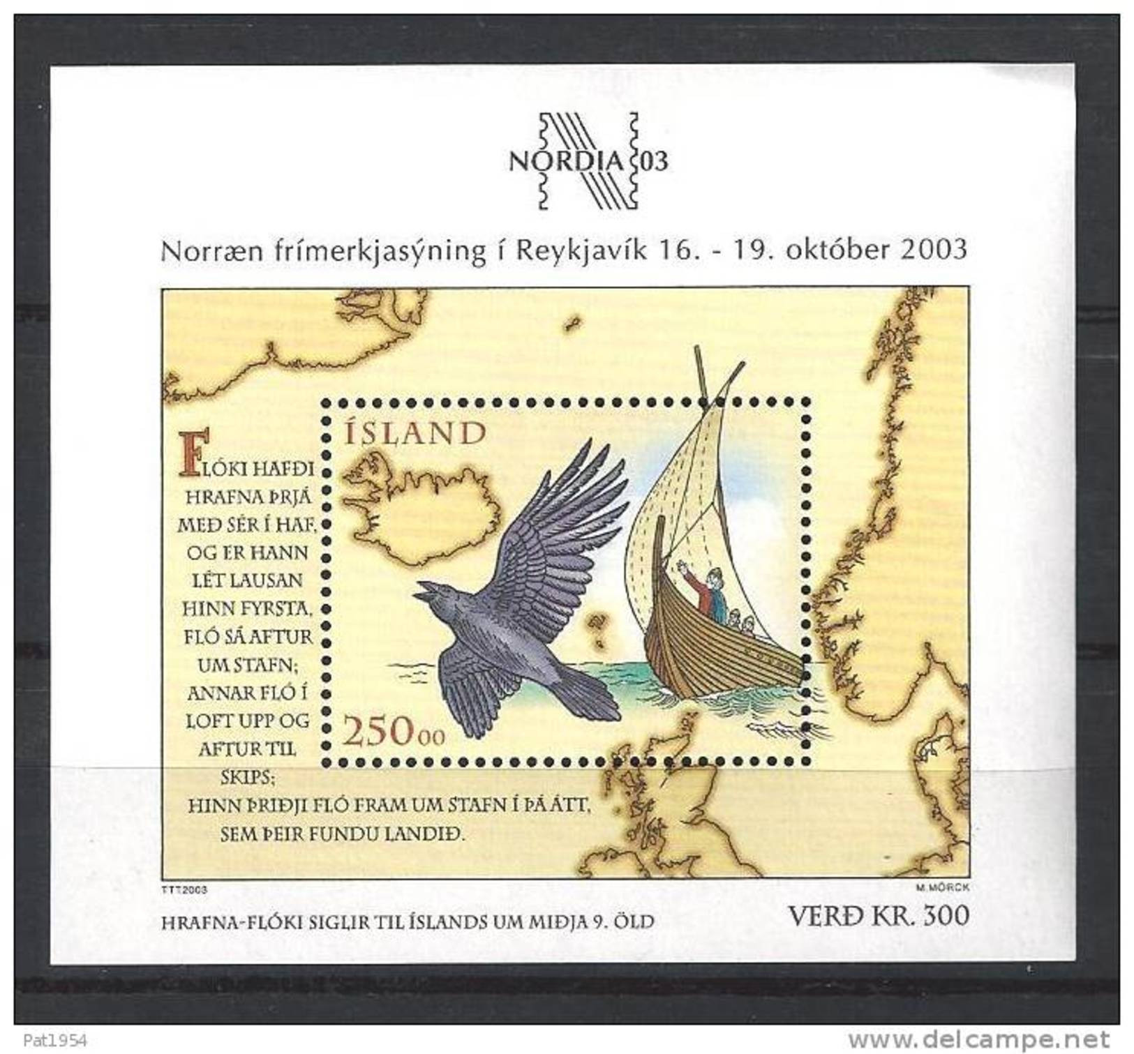 Islande Bloc N° 33 Neuf De 2003 Expo Philatélique Avec Oiseau Et Bateau - Blocks & Sheetlets