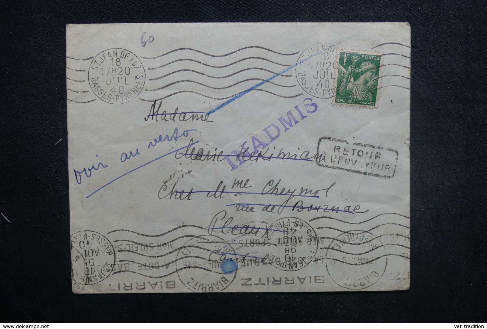 FRANCE - Enveloppe De St Jean De Luz Pour Pleaux En 1940 Et Retour Vers Poste Restante De Biarritz , à Voir - L 37716 - 1921-1960: Modern Period