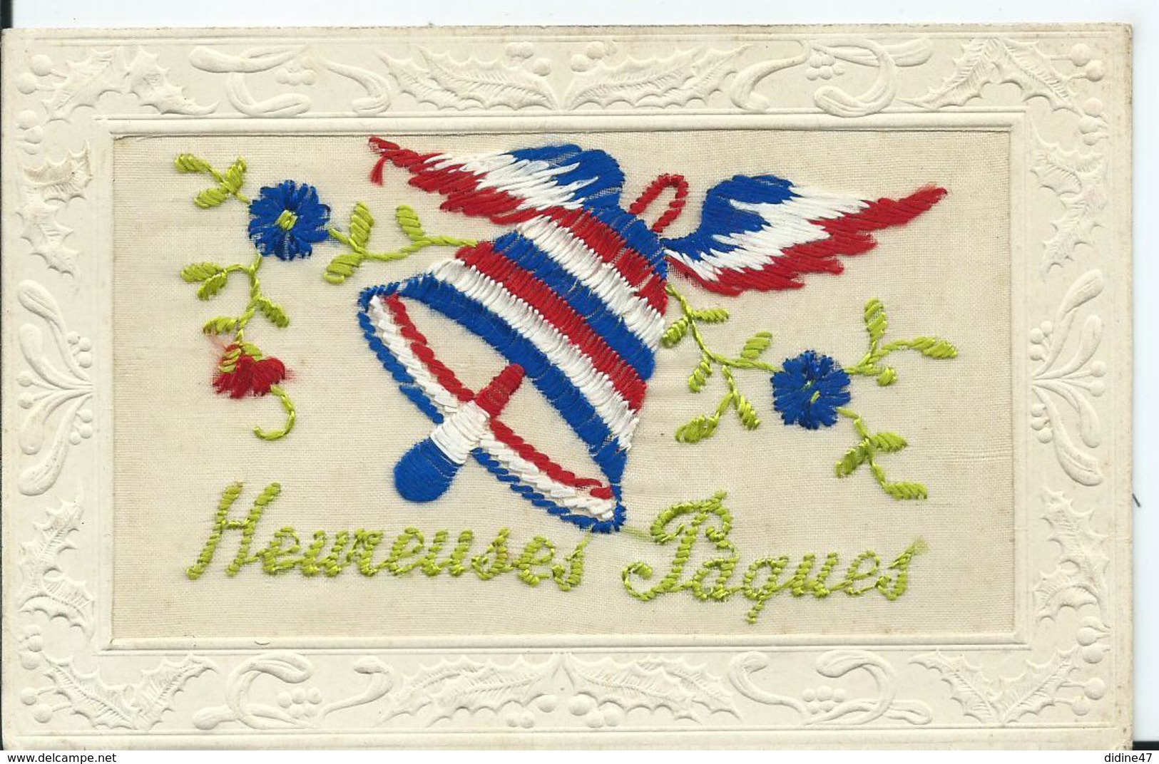 CARTE FANTAISIE BRODEE - Heureuses Paques (superbe) - Embroidered