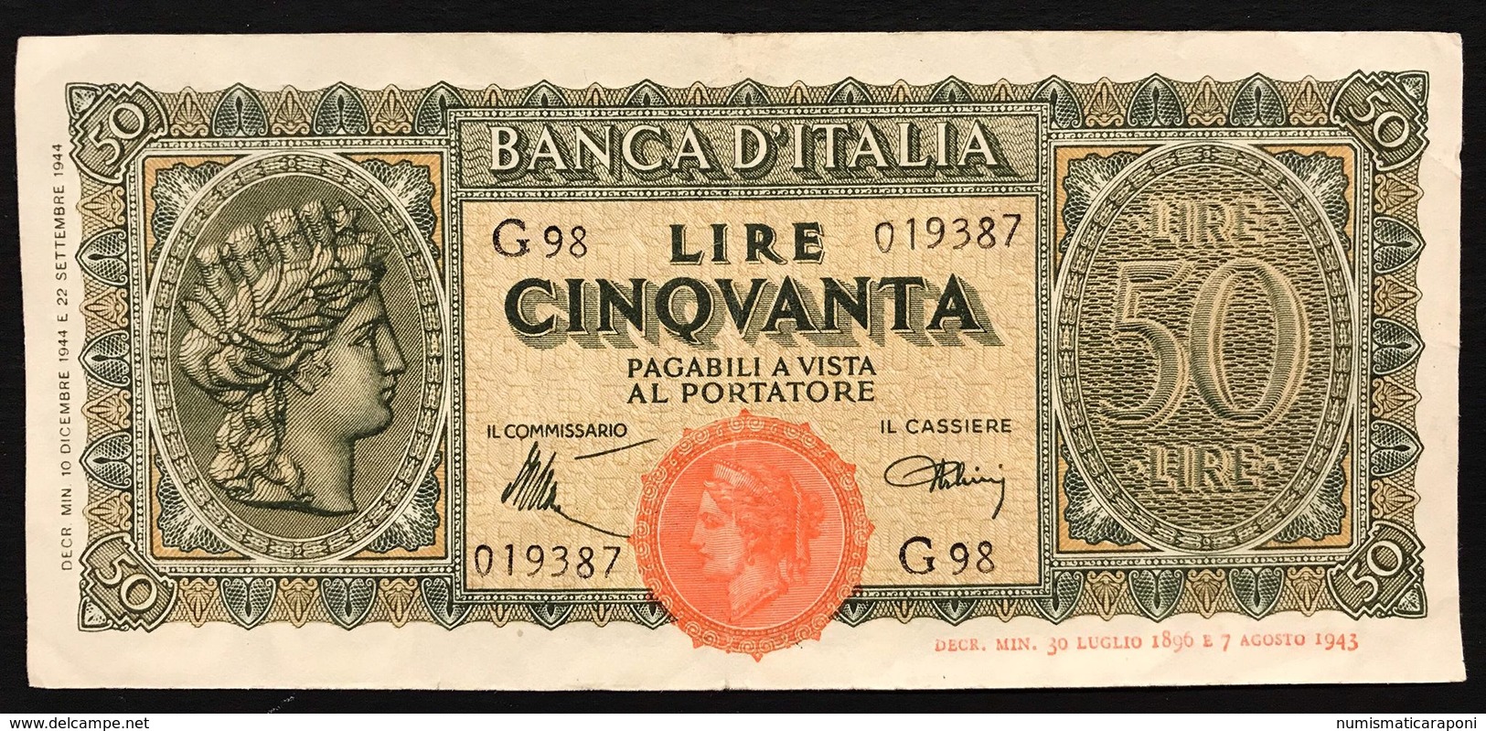 50 LIRE ITALIA TURRITA 10 12 1944 Q.spl OTTIMO BIGLIETTO  LOTTO 833 - 50 Lire