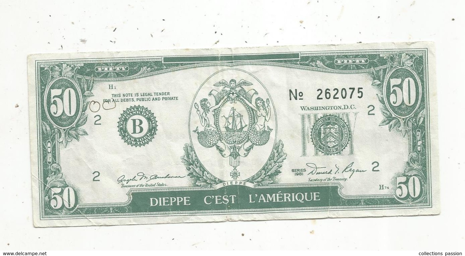 Billet Fictif Type 50 Dollars , Dieppe C'est L'Amérique ,1987 , SODIVA , Automobiles BMW Et SEAT, Opération Commerciale - Specimen