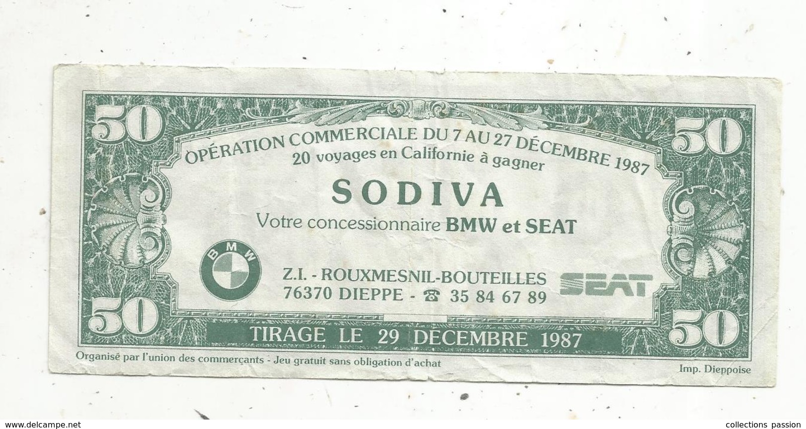 Billet Fictif Type 50 Dollars , Dieppe C'est L'Amérique ,1987 , SODIVA , Automobiles BMW Et SEAT, Opération Commerciale - Specimen