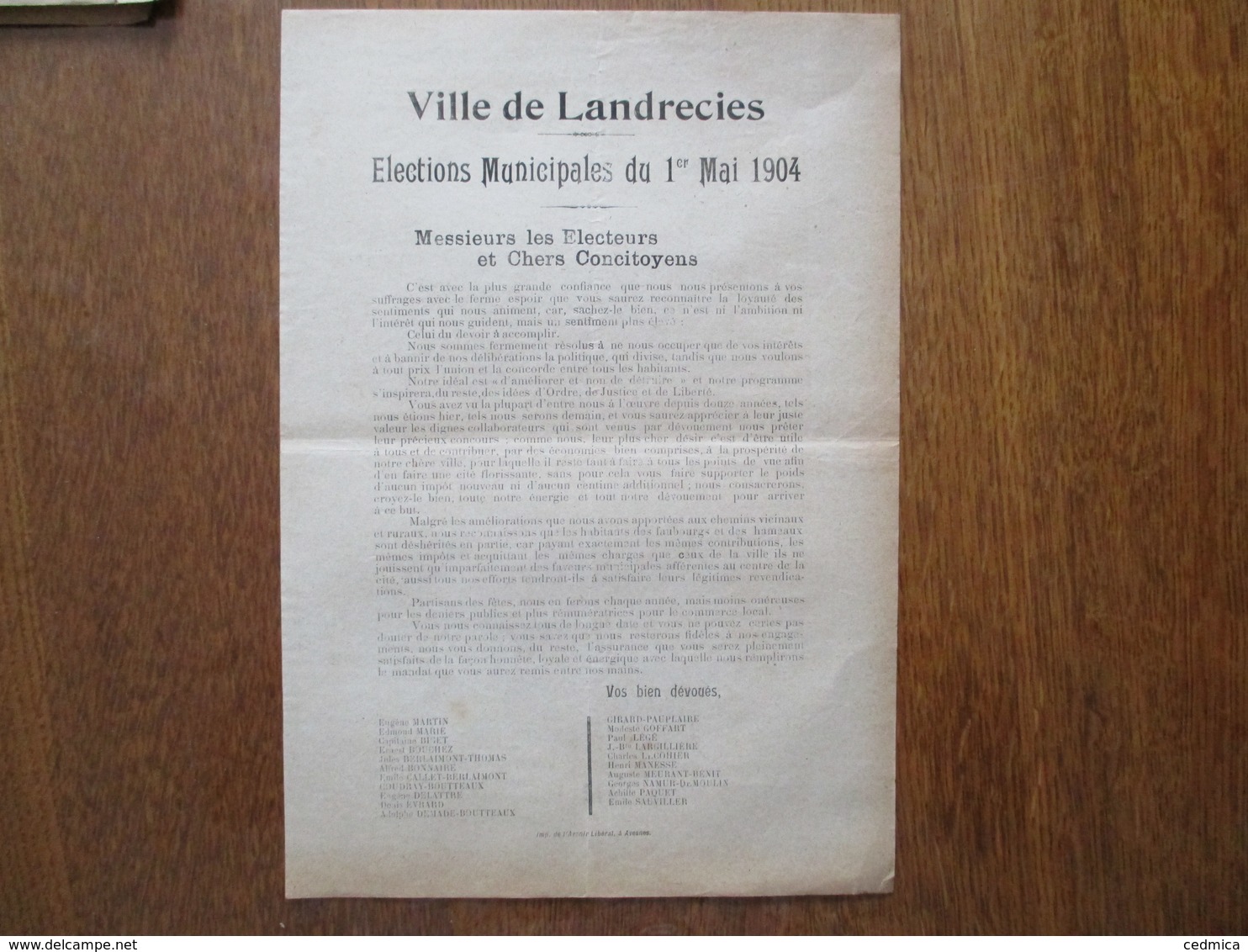 LANDRECIES ELECTIONS MUNICIPALES DU 1er MAI 1904 TRACT VOS BIENS DEVOUES EUGENE MARTIN,EDMOND MARIE,CAPITAINE BISET..... - Documents Historiques